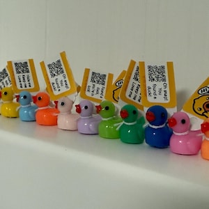 May include: A collection of brightly coloured rubber ducks, each with a different hue, including white, yellow, blue, orange, pink, green, and purple. Each duck has a red beak. Attached tags with QR codes and the text "Hide me, Keep me, Love me".