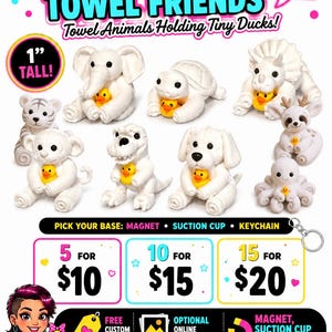 May include: A collection of white towel animal figurines, each 1 inch tall and holding a tiny yellow duck. The animals include an elephant, turtle, triceratops, tiger, monkey, dinosaur, dog, deer, and octopus. Text includes MINI TOWEL FRIENDS.