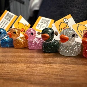 May include: A row of colorful, glittery duck figurines with orange beaks and white collars. Each duck has a different color, including yellow, blue, orange, pink, green, silver, and red. Small yellow tags with a duck illustration are behind the ducks.