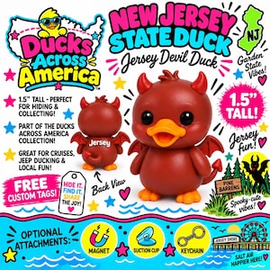 May include: A red Jersey Devil duck figurine with orange feet and beak, featuring small horns, wings, and a pointed tail. The text includes New Jersey State Duck, Jersey Devil Duck, 1.5 inch tall, and Ducks Across America, with icons for a magnet, suction cup, and keychain.