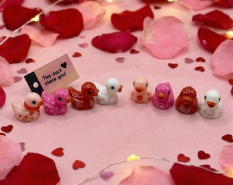 May include: A collection of small, decorative duck figurines in various shades of pink, red, and white, arranged on a pink surface with rose petals and heart-shaped confetti. A tag reads "This duck chose you!"