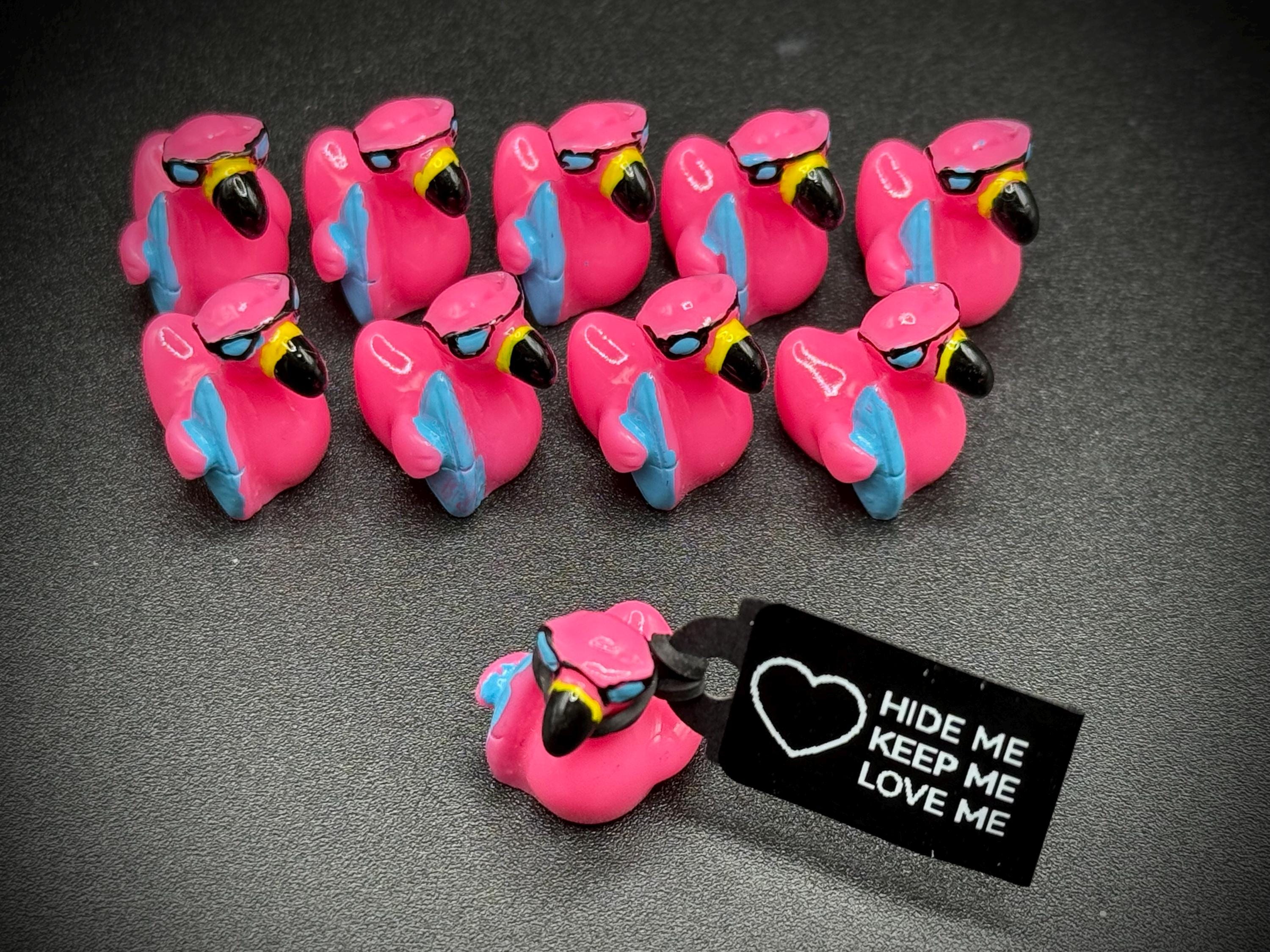 Mini Pink Flamingo Duck with Surfboard – Summer Cruise Duck w/ Sunglasses, Optional Magnet or Suction Cup – Custom Tag & Online Photo Album