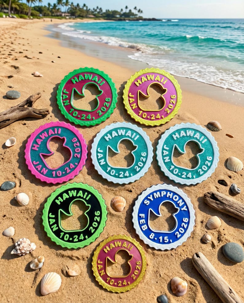 May include: Seven circular plastic tags with scalloped edges, each featuring a central rubber duck cutout. Six tags display "HAWAII JAN 10-24, 2026" in various color combinations, while one blue tag displays "SYMPHONY FEB 8-15, 2026" in white lettering.