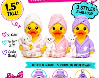 Mini Spa Ducks with Tiny Towel Animals - Custom Tags + FREE Photo Album, Choose Magnet, Keychain or Suction Cup