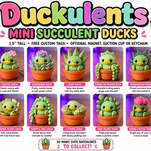 May include: A collection of ten Duckulents mini succulent ducks, each 1.5 inches tall, featuring various plant designs like cactus, echeveria, aloe, string of pearls, haworthia, panda plant, burro's tail, lithops, jade plant, and moon cactus in pots.