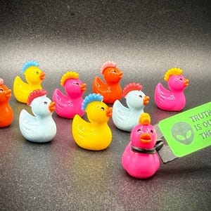 May include: A collection of colorful duck figurines with various crest colors, including pink, yellow, and orange. One duck has a black collar and a tag that reads "TRUTH IS OUT THERE" with an alien graphic. The ducks are on a dark surface.