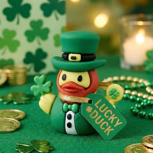 Könnte beinhalten: Eine grüne und rote Lucky Duck-Figur mit grünem Zylinder und Jacke, die ein Kleeblatt hält. Die Figur hat ein Etikett mit der Aufschrift "Lucky Duck" in goldfarbenen Buchstaben. Der Hintergrund umfasst Kleeblätter, Goldmünzen und eine brennende Kerze.