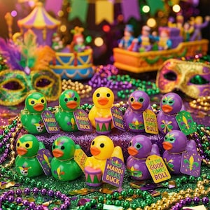 Puede incluir: Una escena festiva de Mardi Gras con patitos de goma coloridos. Los patitos son verdes, amarillos y morados, cada uno con un diseño de máscara único y etiquetas que dicen "Mardi Gras Duck" y "Let the Good Times Roll". Cuentas y elementos decorativos completan el tema.