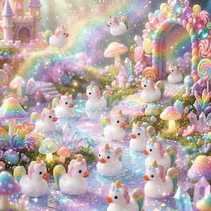 Könnte beinhalten: Eine fantastische Szene mit weißen Entenfiguren mit Einhorn-Hörnern und Regenbogenmähnen. Die Enten schwimmen in einem glitzernden, pastellfarbenen Bach, umgeben von einem Regenbogen, einer Burg und einem Süßigkeitenbogen.
