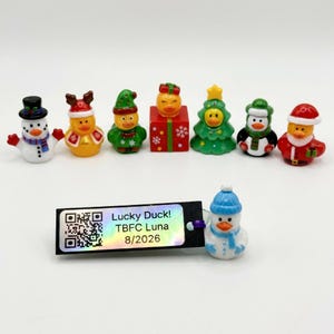 以下が含まれることがあります： 雪だるま、トナカイ、エルフ、ギフトボックス、クリスマスツリー、ペンギン、サンタクロースなどのホリデーテーマのミニチュアゴム製アヒル8体セット。QRコードと「Lucky Duck! TBFC Luna 8/2026」の文字が記載されたタグが付いた雪だるまのアヒルも含まれています。