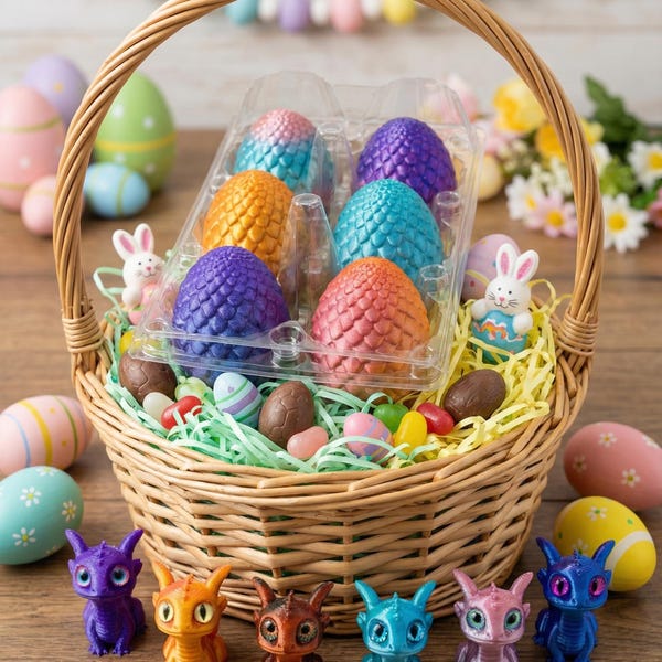 Mini easter basket dragons with eggs – 1/2 dozen (buy 5 get 1 free!) – pick your colors – rainbow, iridescent, glitter, pastel
