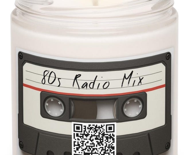 Interactive Scented Candle, Peppered Passionfruit, 80s Radio Mix, Cassette Tape Label, QR Code Playlist, 80s Music Gift, Soy Candle