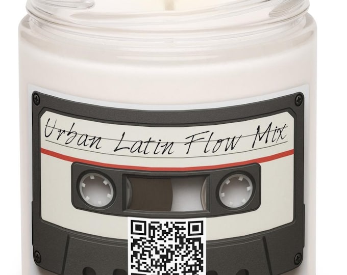 Cinnamon Vanilla Soy Candle, Urban Latin Flow Mix, QR Code Pandora Playlist, Retro Cassette Label, Gift for Music Lovers,Witchy Reusable Jar