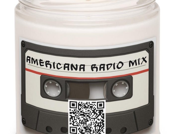 White Sage Lavender Soy Candle, Americana Music Mix, QR Code Pandora Playlist, Retro Cassette Label, Gift for Music Lovers, Reusable Jar