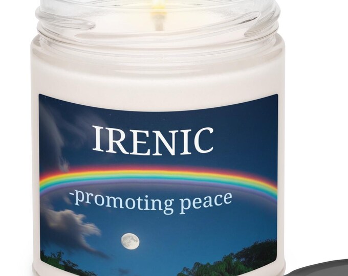 Scented Soy Candle, Coconut Cardamom Scent, Glass Jar Candle, Moon Rainbow Label, Word Definition Candle, Peaceful Gift, Calming Home Decor