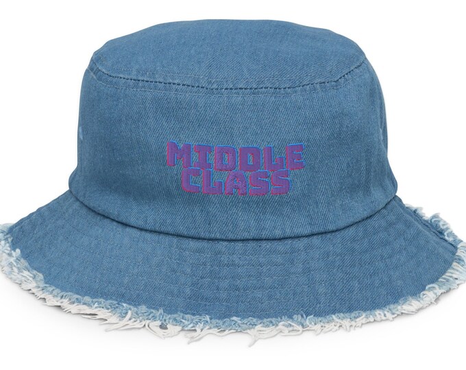 Distressed Embroidered Denim Bucket Hat, Middle Class, Denim Bucket Hat, Festival Hat, Travel Hat, Festival Accessory, Market Hat, Beach Hat
