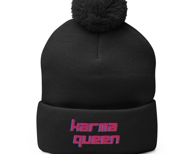 Pom Pom Beanie - "Karma Queen", Trendy Beanie, Stylish Beanie, Witchy Beanie, Festival Beanie, Ski Trip Beanie, Witchy Gift, Karma Gift