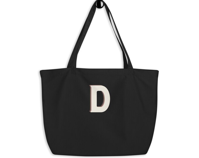 Letter Initial "D" - Large Eco Tote Bag, Beach Tote Bag, Travel Tote Bag, Book Tote Bag, Festival Tote Bag, Market Tote Bag