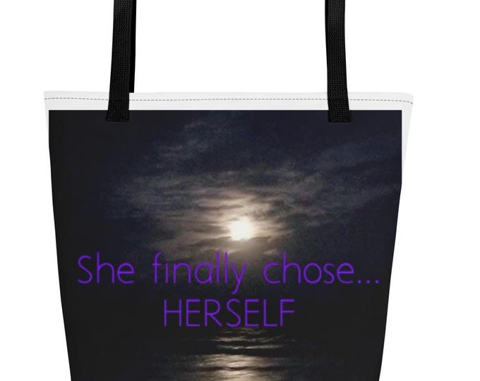 All-Over Print Large Tote Bag with Inside Pocket - "She Finally Chose Herself" on Original Folly Beach at Night Photo