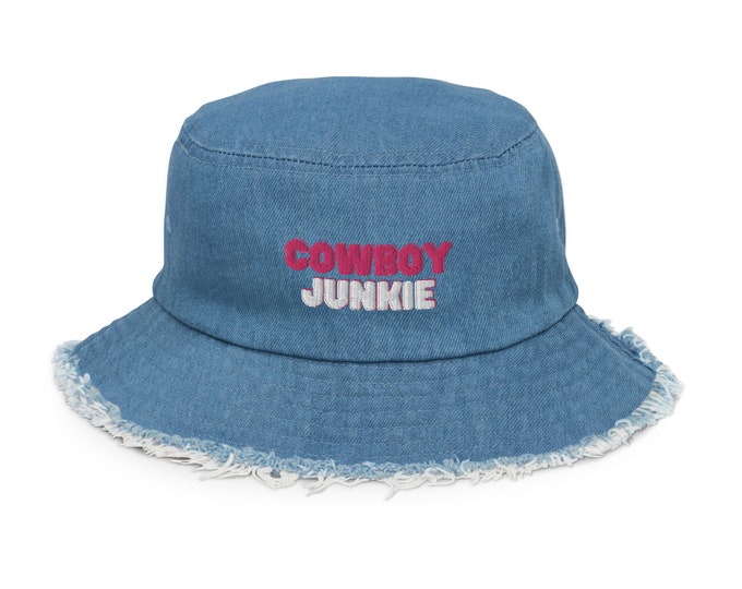 Distressed Embroidered Denim Bucket Hat, Cowboy Junkie, Denim Bucket Hat, Festival Hat, Travel Hat, Festival Accessory, Denim Beach Hat