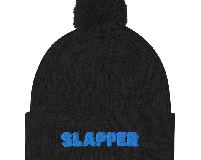 Pom Pom Beanie - "SLAPPER", Trendy Beanie, Stylish Beanie, Witchy Beanie, Festival Beanie, Ski Trip Beanie, Trendy Gift, Beanie Gift