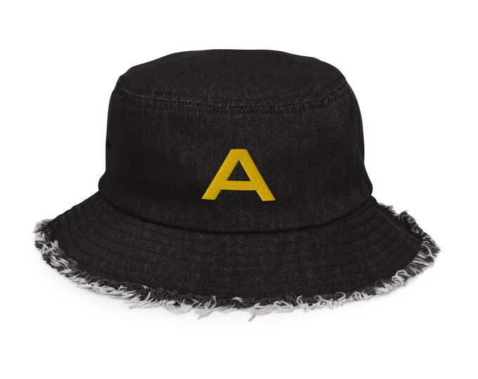 Distressed Embroidered Black Denim Bucket Hat, Letter Initial "A", Trendy Hat, Festival Hat, Travel Hat, Market Hat, Beach Hat. Custom Gift