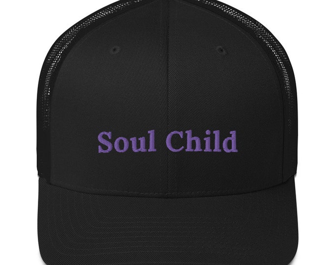 Embroidered Retro Style Trucker Cap, "Soul Child", Trucker Cap, Retro Trucker Cap, Black Trucker Cap, Festival Trucker Cap, Trendy Hat