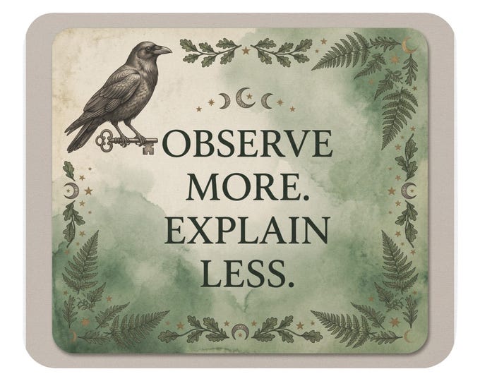 Mouse Pad 8x7.1, Observe More Explain Less, Witchy Crow Desk Accessory, Fern Moon Phases Mousepad, Crow Lover Gift, Botanical Office Decor