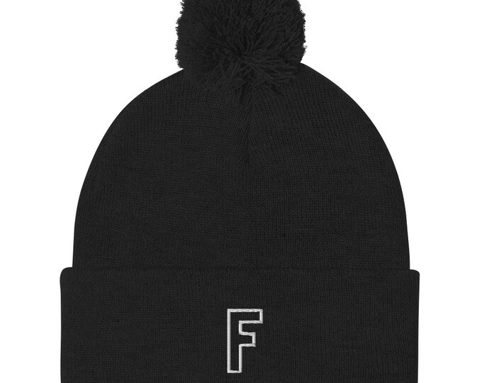 Pom Pom Beanie - Letter Initial "F", Trendy Beanie, Stylish Beanie, Trendy Winter Accessory, Festival Beanie, Ski Trip Beanie, Travel Beanie