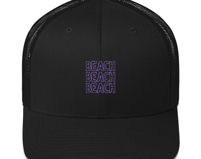 Beach Beach Beach - Embroidered Retro Style Trucker Cap, Trucker Cap, Retro Trucker Cap, Black Trucker Cap, Festival Trucker Cap, Trendy Hat