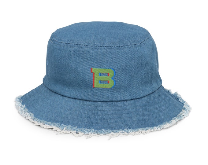 Distressed Embroidered Denim Bucket Hat, Letter Initial "B", Trendy Hat, Festival Hat, Travel Hat, Market Hat, Beach Hat, Custom Gift