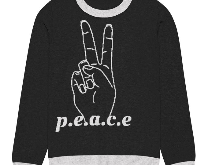 p.e.a.c.e. Knitted Crew Neck Sweater / Attitude Sweater / Goth Sweater/Attitude Fashion / Goth Fashion / Black White Crew Neck Knit Sweater