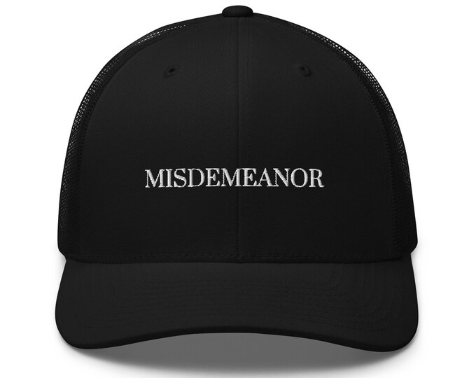 Embroidered Retro Style Trucker Cap, "Misdemeanor", Trucker Cap, Retro Trucker Cap, Black Trucker Cap, Festival Trucker Cap, Trendy Hat