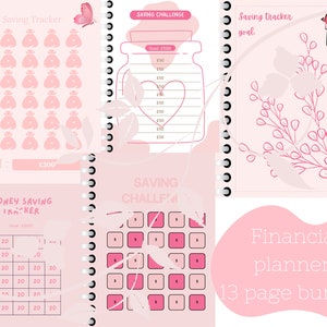 Könnte beinhalten: Ein rosa-weißes, druckbares Finanzplaner-Paket mit 13 Seiten. Die Seiten beinhalten einen Spar-Tracker, einen Geldspar-Tracker, eine Spar-Challenge und einen Finanzplaner. Die Seiten sind mit rosa Blumen und Schmetterlingen verziert.