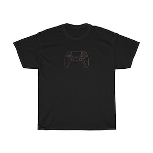 May include: Black t-shirt with a colorful outline of a video game controller.