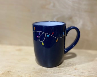 Christmas light cup, holiday mug, Handpainted Christmas mug