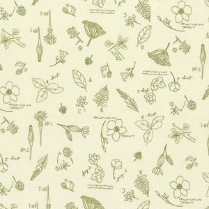 May include: Off-white fabric with a repeating pattern of botanical illustrations in olive green. The design includes flowers, leaves, and scientific notations. The overall theme is nature and botany.