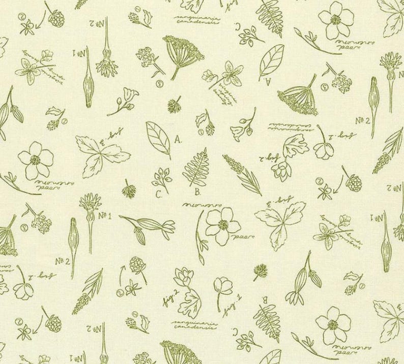 May include: Off-white fabric with a repeating pattern of botanical illustrations in olive green. The design includes flowers, leaves, and scientific notations. The overall theme is nature and botany.
