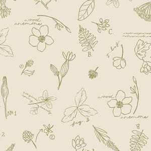 May include: Cream-colored fabric with a repeating pattern of botanical illustrations in olive green. The design includes various flowers, leaves, and stems, along with handwritten labels and numbers.