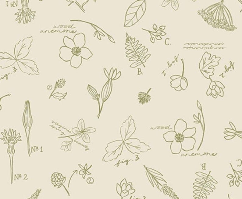 May include: Cream-colored fabric with a repeating pattern of botanical illustrations in olive green. The design includes various flowers, leaves, and stems, along with handwritten labels and numbers.