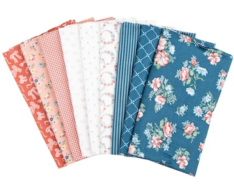 May include: A collection of patterned fabric pieces in various designs and colors. The fabrics include floral, gingham, bow, and striped patterns in shades of red, pink, white, and teal. The fabrics are arranged in a fan shape.