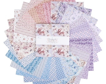May include: A stack of square fabric swatches arranged in a circular fan pattern. The fabric features various floral, plaid, and striped prints in shades of purple, blue, pink, and white. A paper band wraps the center with the text Daybreak and Peonies.