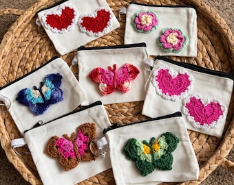 Crochet Coin Pouch Keychain | Handmade Zipper Pouch | Mini Wallet | Butterfly Heart Flower Design | Gift for Her | Small Bag Organizer