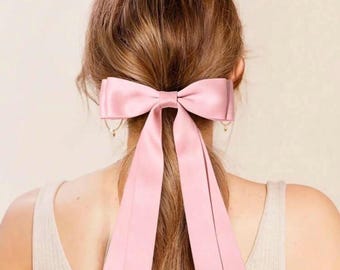 Long Satin Hair Bow Clip | Elegant Bridal Ponytail Ribbon