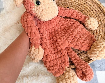 Handmade Crochet Monkey Plush – Soft Chenille Stuffed Animal Toy, Coral Cream, 20" Long