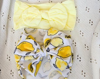 Lemon Print Baby Headbands – Soft Yellow Bow Headwrap Bundle (Set of 2)