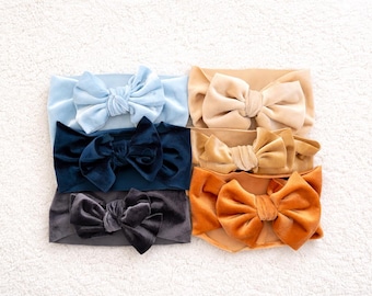 Set of 6 Velvet Baby Headbands – Soft Stretch Bow Headwrap Set – Neutral Fall Colors