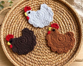 Crochet Chicken Coasters Set | Farmhouse Kitchen Decor | Handmade Cotton Coasters | Chicken Lover Gift | Rustic Table Decor |
