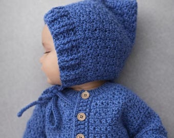 Handmade Blue Crochet Bonnet – Toddler Size (1–2 Years) – Soft Acrylic Yarn Hat