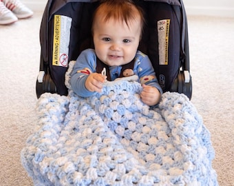 Handmade Crochet Baby Blanket – Soft Blue & White Car Seat Blanket